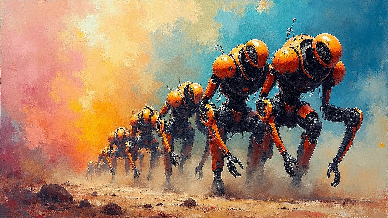 Futuristic robots with orange accents in a dusty landscape
