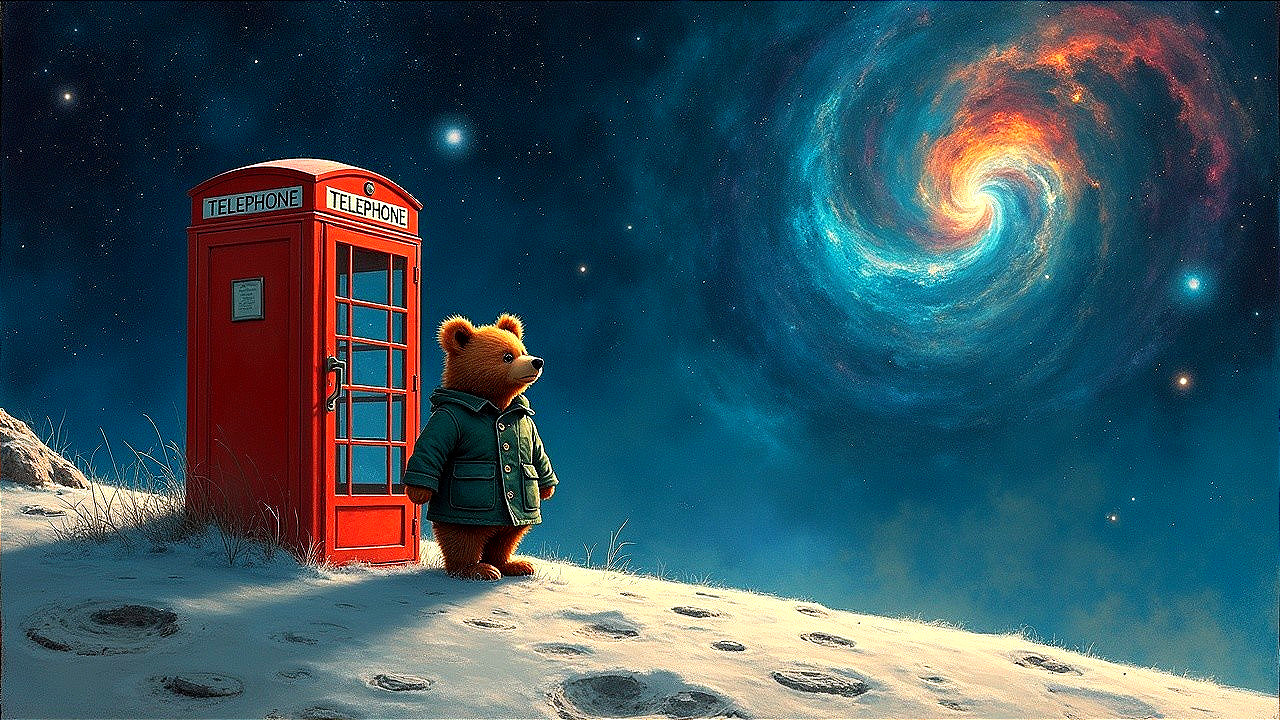 Teddy Bear by Red Telephone Box in Snowy Landscape