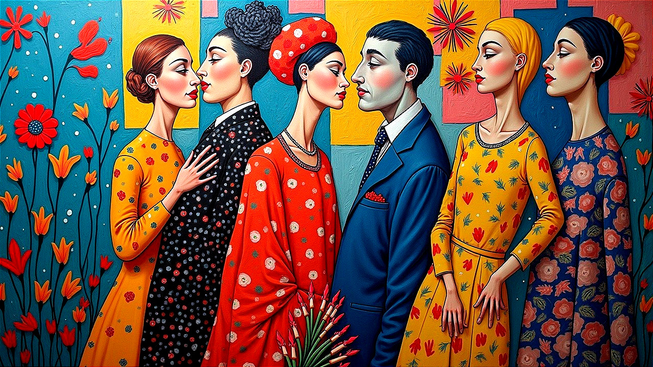Colorful Artwork of Figures Against Floral Background