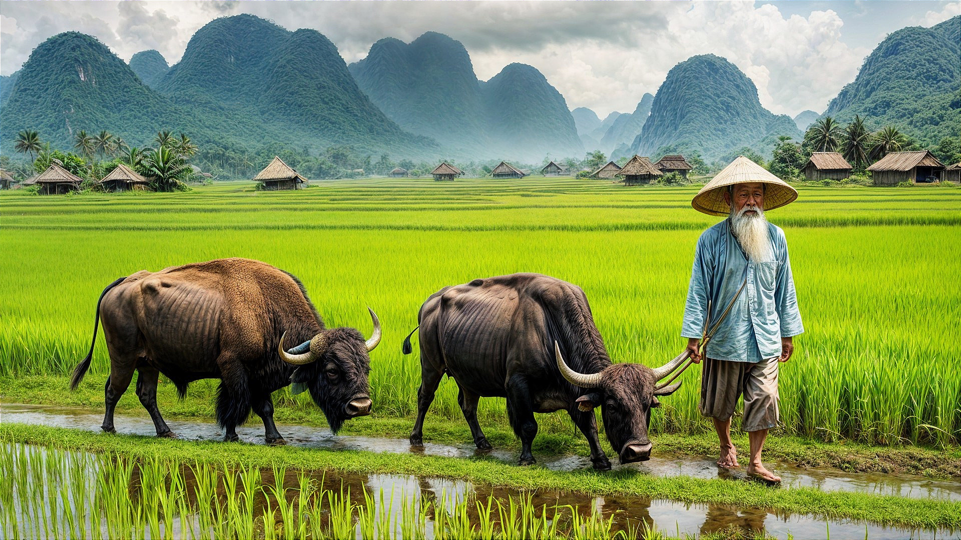 Elderly Man with Water Buffaloes in Rural Landscape