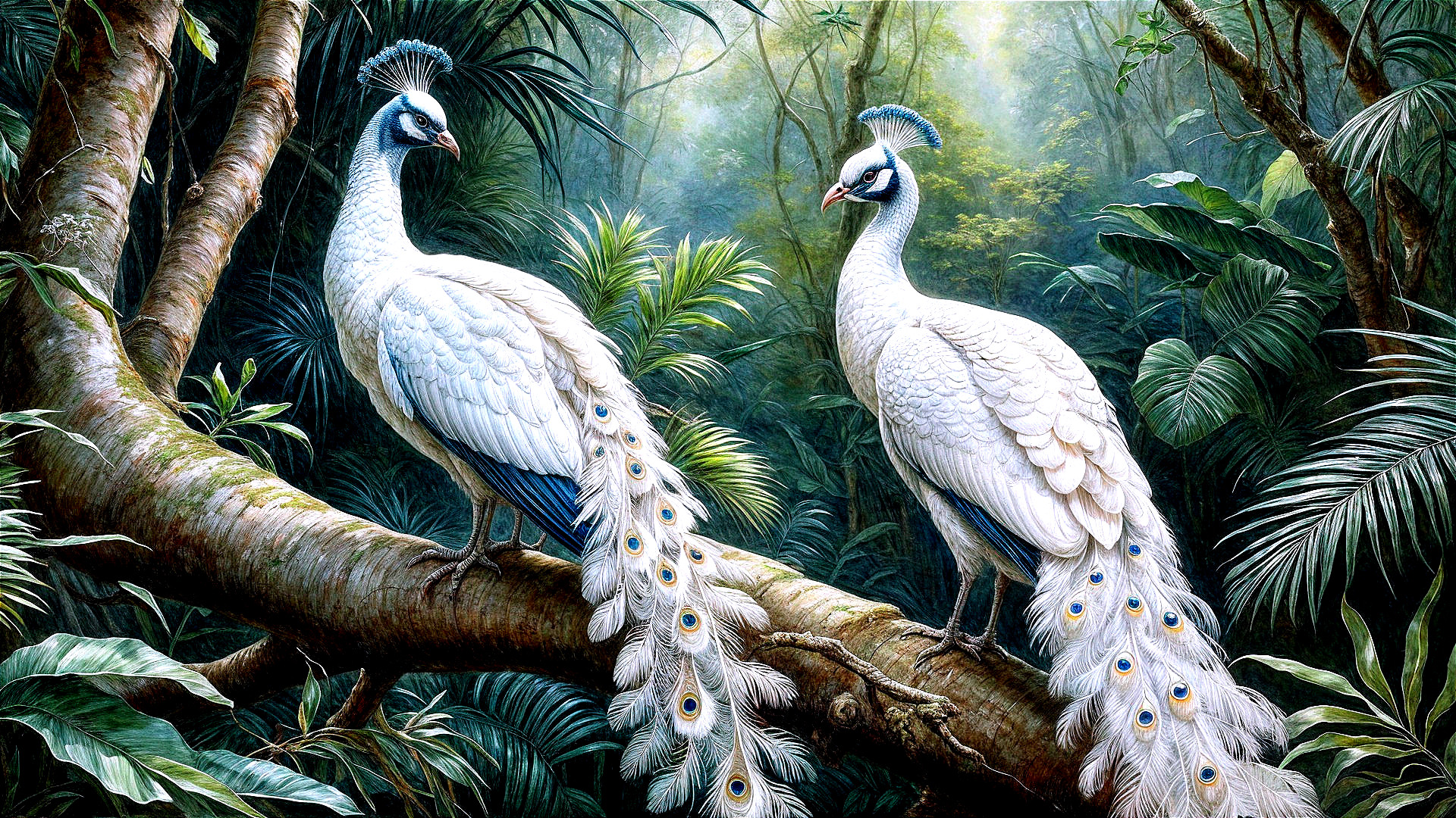 White Peacocks in a Lush Jungle Setting