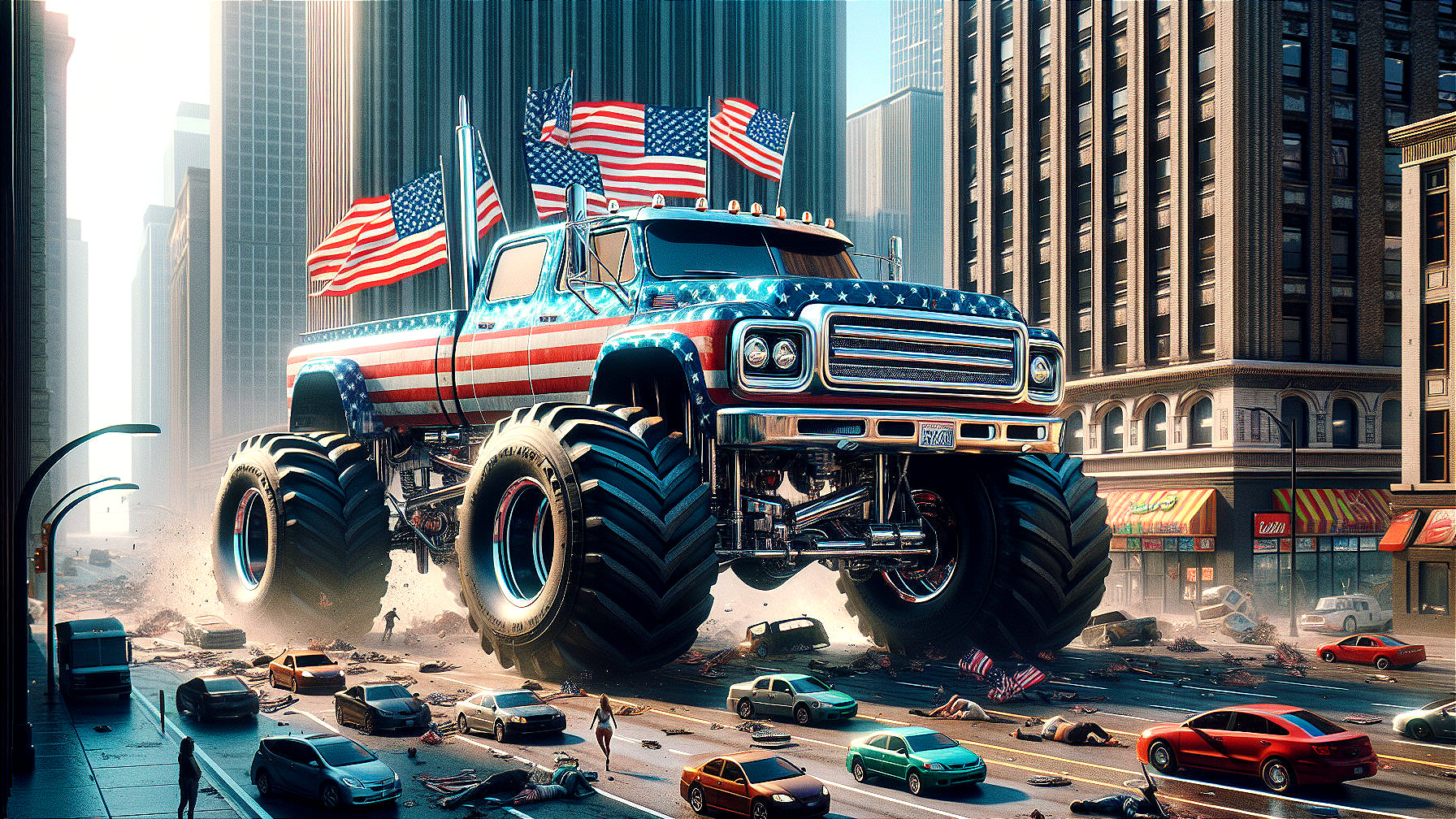 Monster Truck with American Flag Over Cityscape