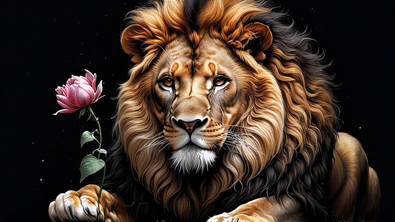 Majestic lion with rose against dark background
