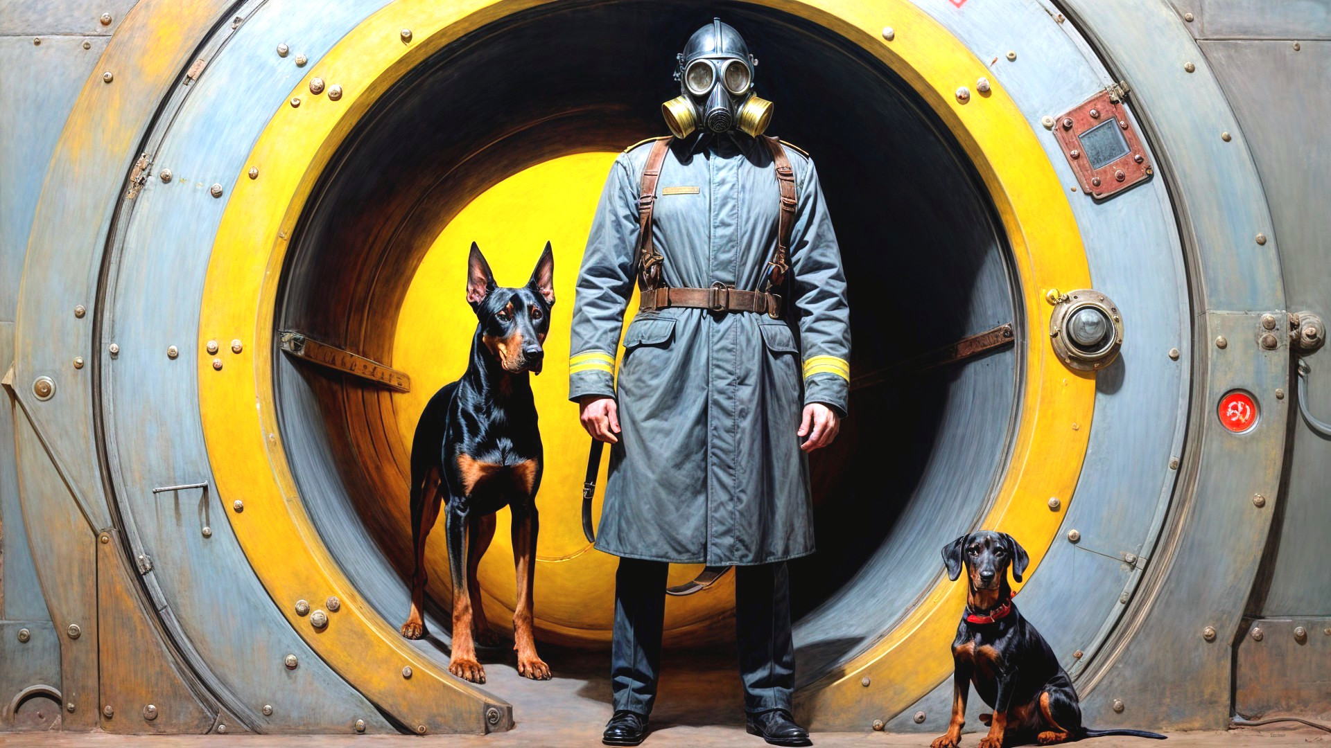 Gas Mask Figure with Dobermans in Surreal Setting