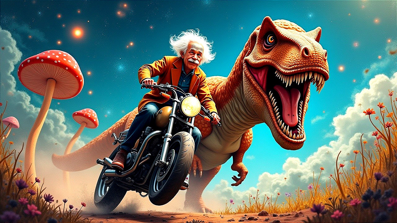 Elderly Man and Dinosaur in Whimsical Landscape