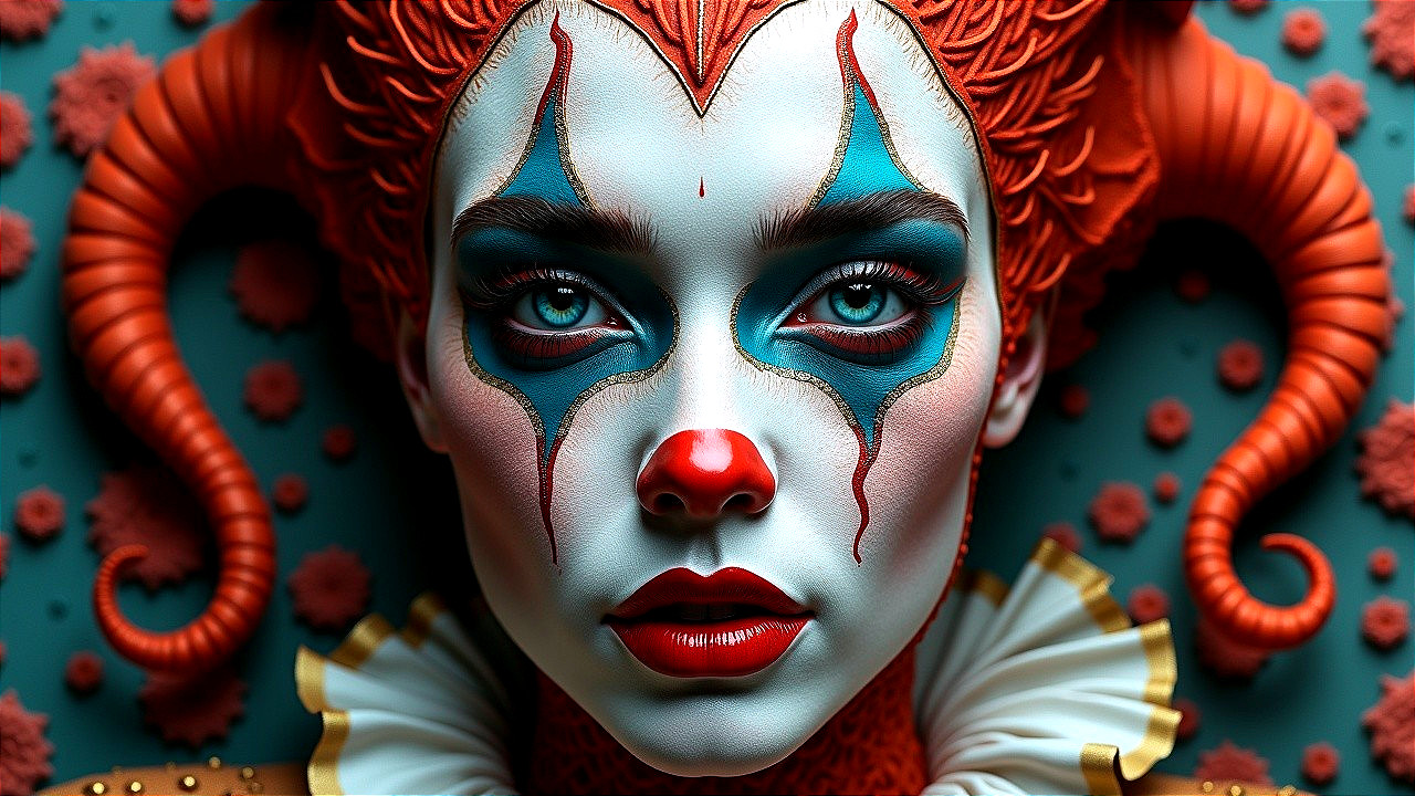 Close-up Portrait of a Clown Woman with Red Hair