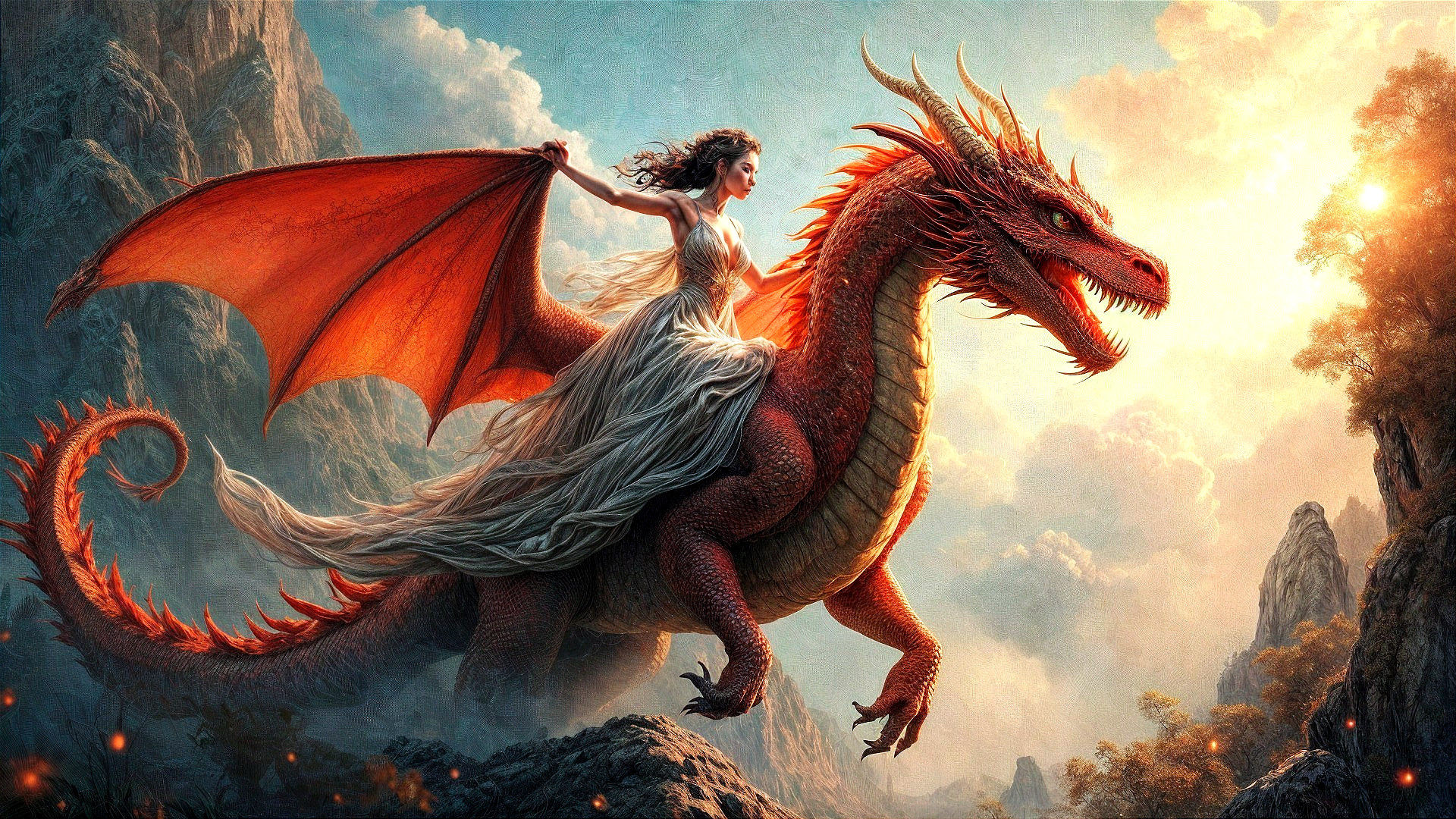 Red Dragon with Regal Woman Against Mountain Sunset