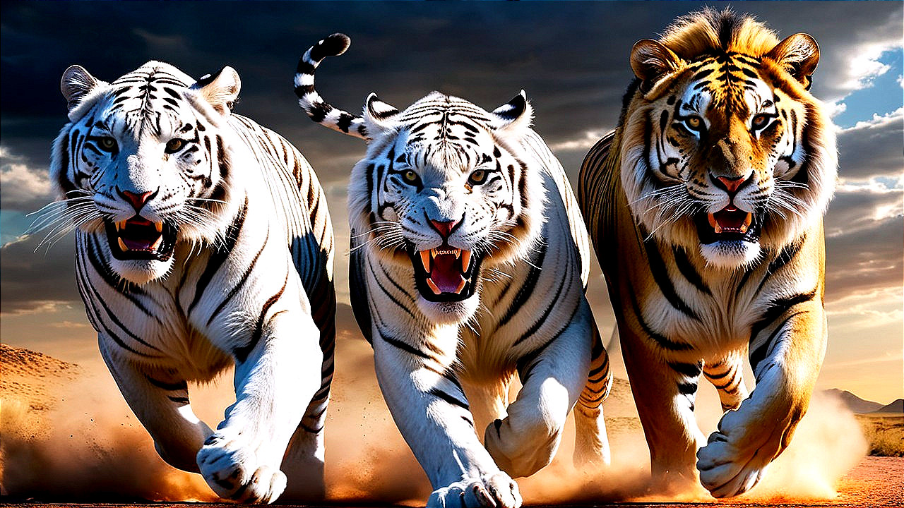 Majestic tigers in motion against a dramatic sky