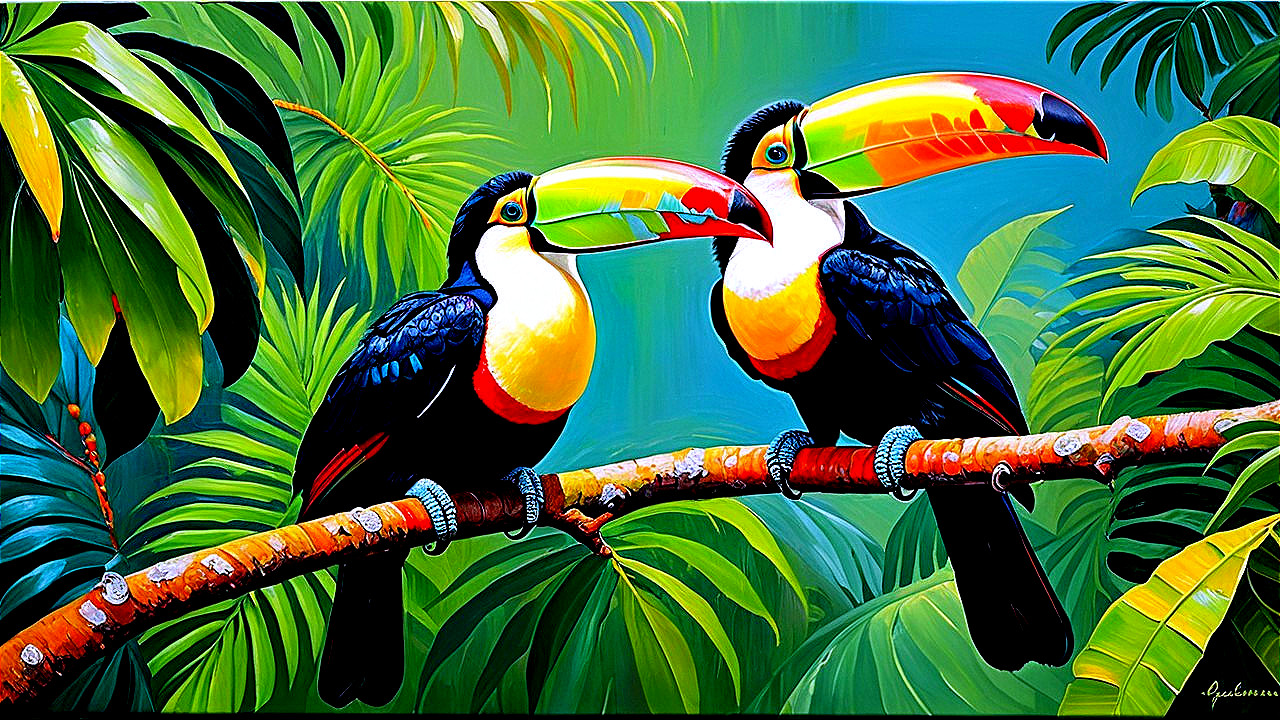 Vibrant Toucans Amid Lush Green Foliage and Blue Sky