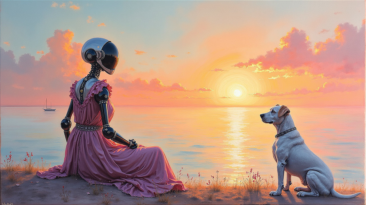 Humanoid Robot and Dog at Sunset by Calm Waters
