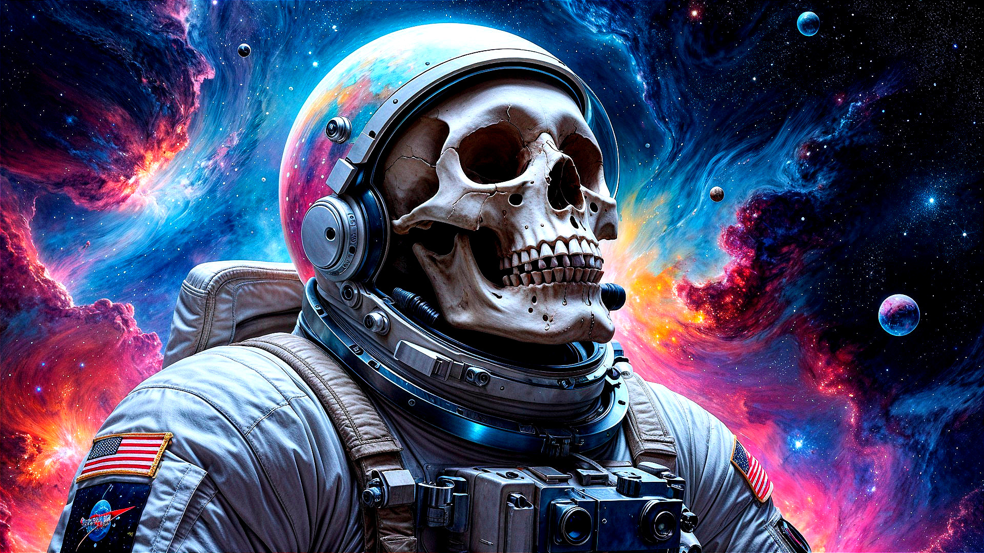 Humanoid Skull in Astronaut Suit Against Cosmic Background