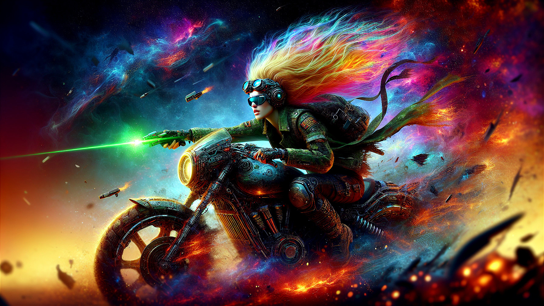 Futuristic Biker in Vibrant Cosmic Landscape