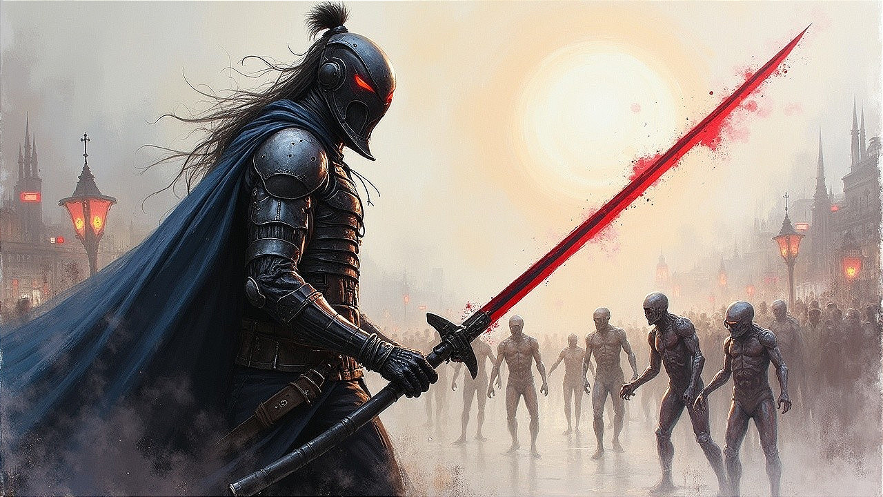 Knight in Dark Armor with Glowing Red Sword in Foggy City