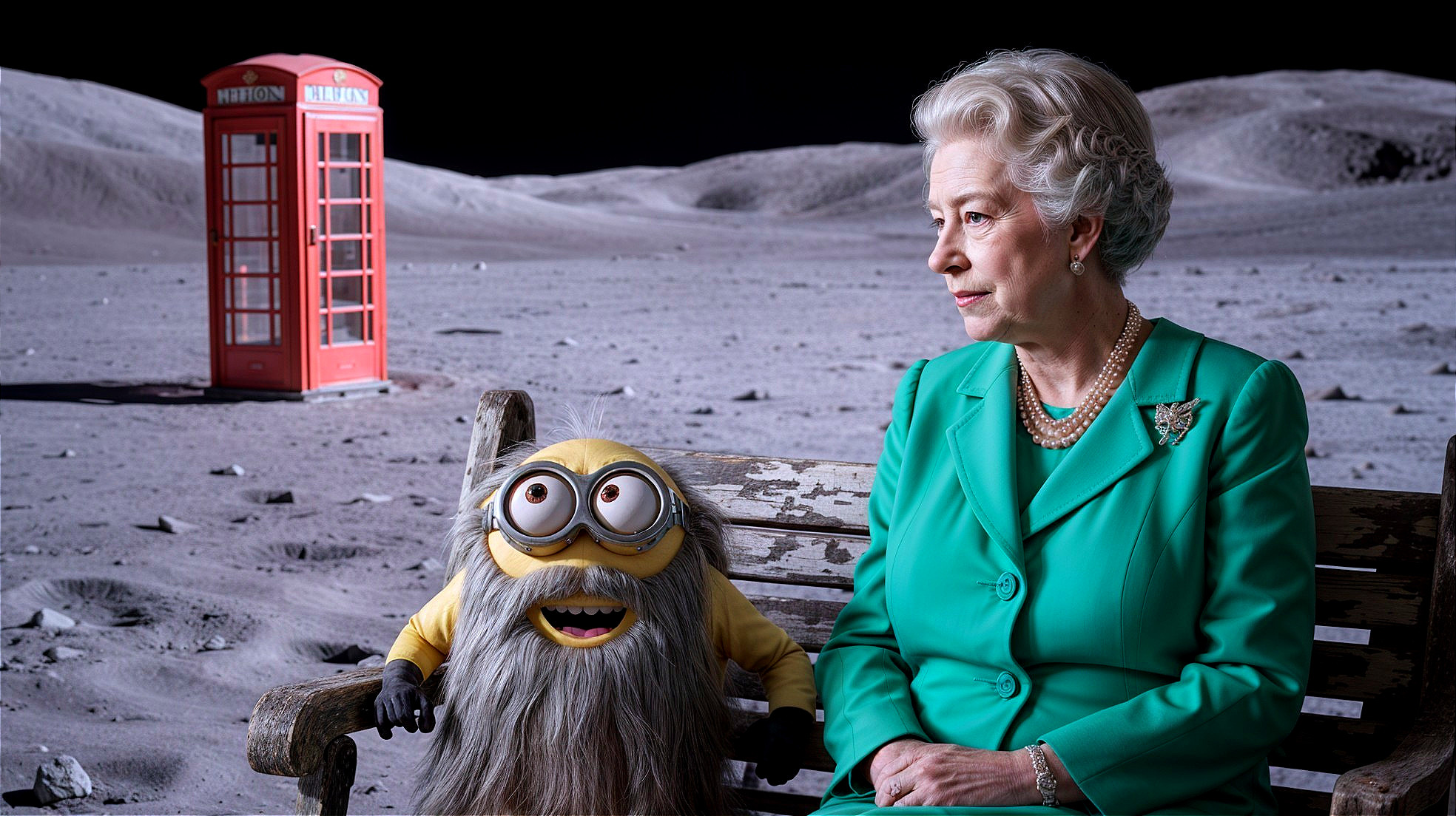 Surreal Lunar Landscape with Woman and Minion Character