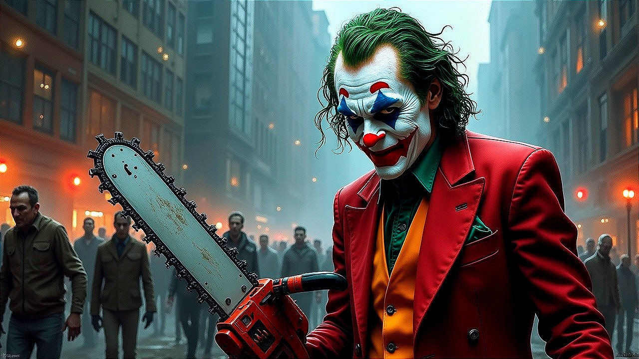 Clown with Chainsaw in Foggy Urban Setting