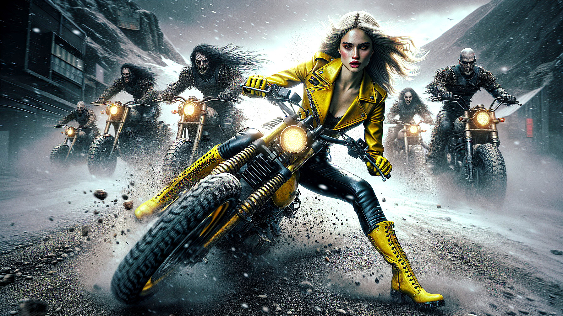 Fierce Woman on Motorcycle in Rugged Mountain Scene