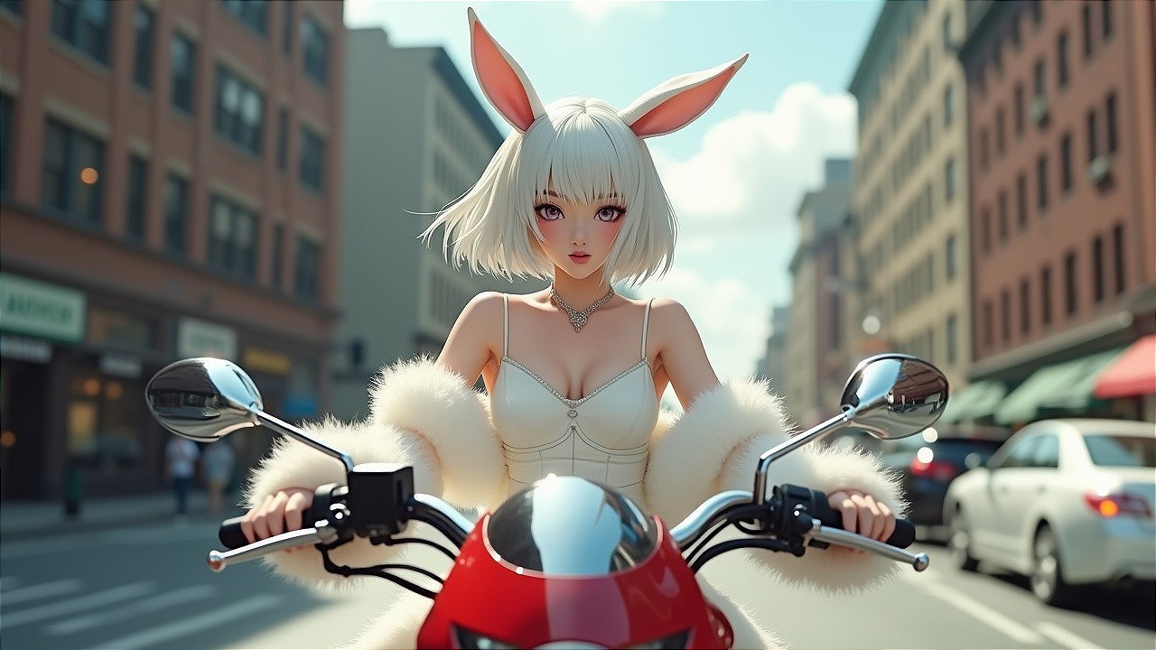 Stylized Character on Red Motorcycle in Urban Setting