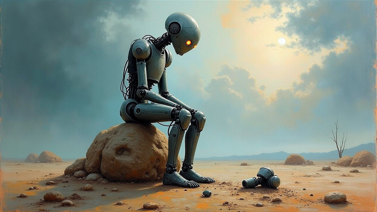 Humanoid Robot Contemplates in Desolate Landscape