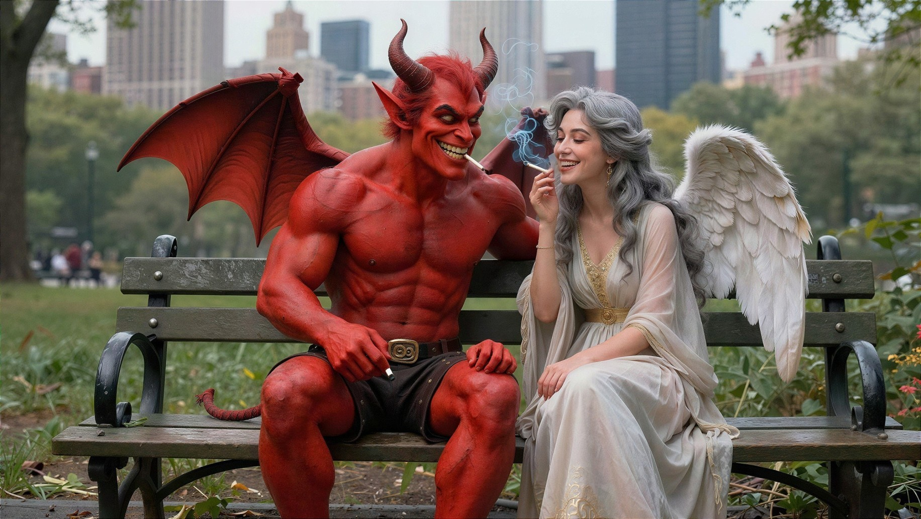 Devil and Angel Sharing a Moment in a Park Setting