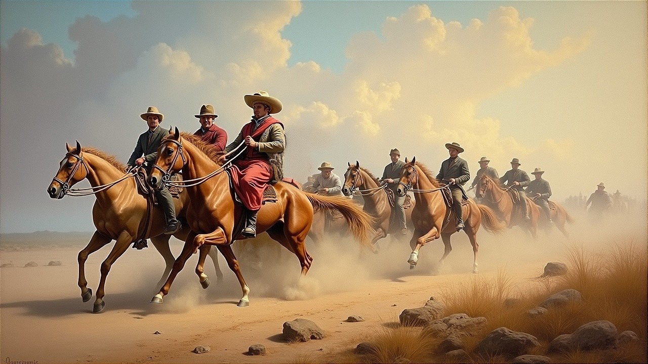 Horseback Riders on Dusty Path Amidst Golden Grass
