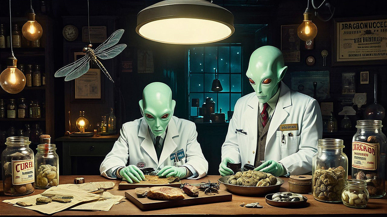 Aliens Conducting Experiments in Dimly Lit Laboratory