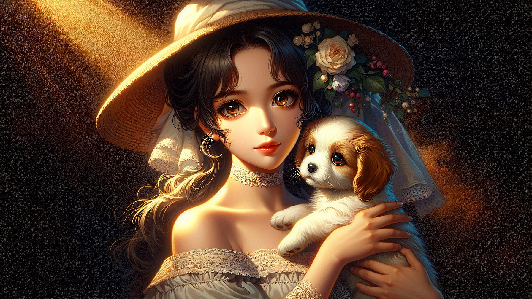 Young woman with puppy in soft golden light