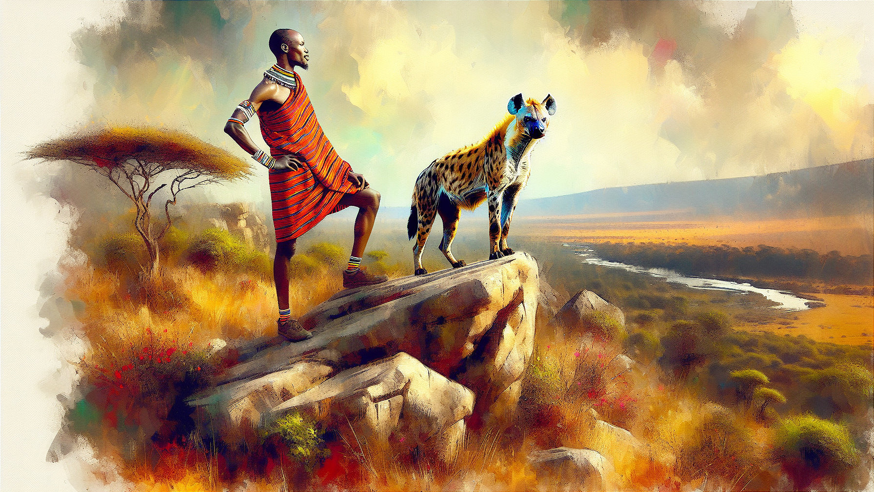 Maasai Warrior and Hyena in Vibrant African Landscape