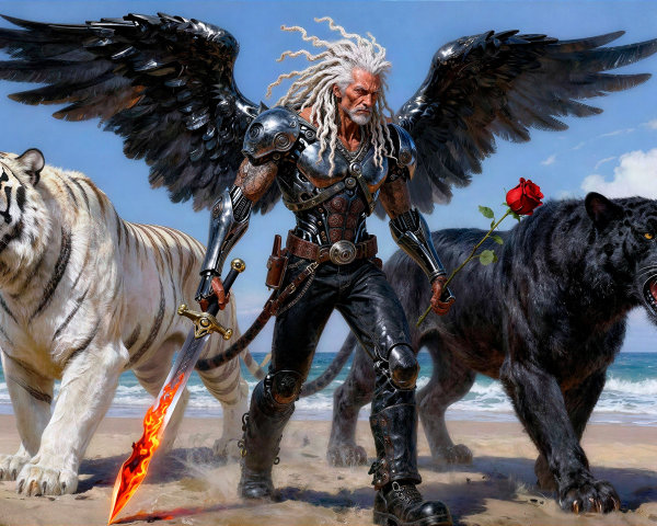 Dramatic digital painting of a winged warrior figure