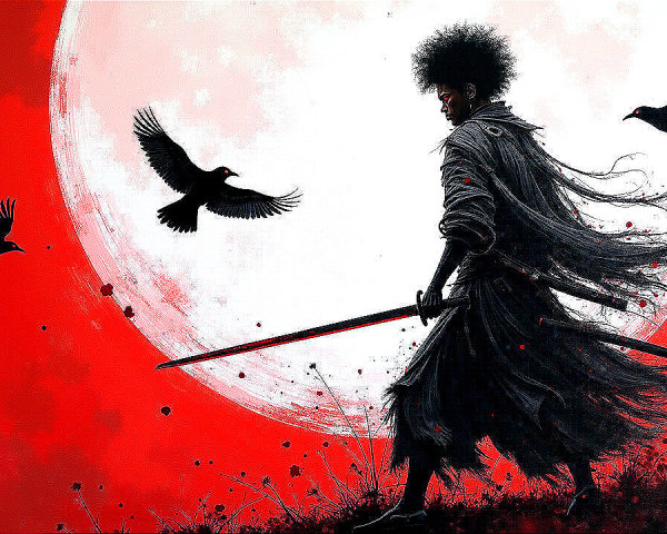 Silhouetted Figure with Sword Against Red Moon Backdrop