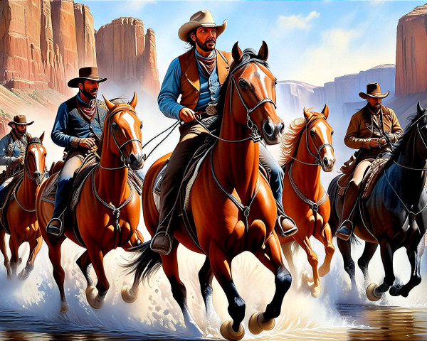 Cowboys Riding Through Canyons in Shallow Waters
