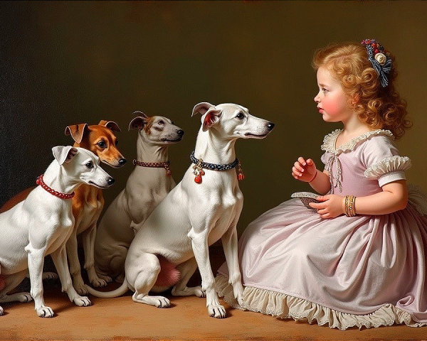 Young girl in pink dress with four curious dogs
