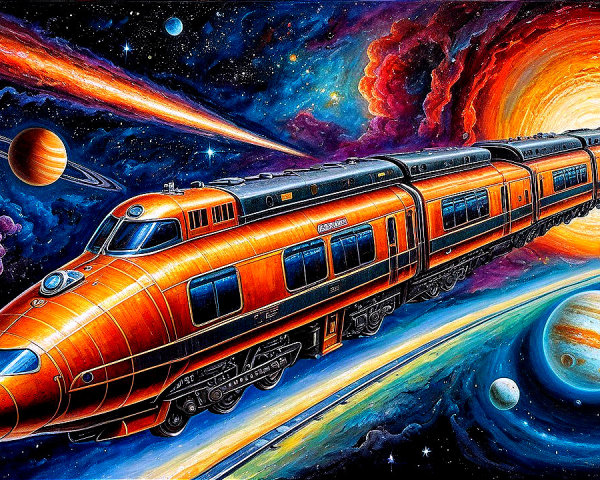 Futuristic Train in Cosmic Landscape with Galaxies