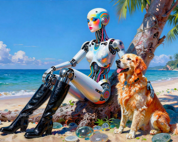 Robot Woman with Dog on Colorful Beach Scene