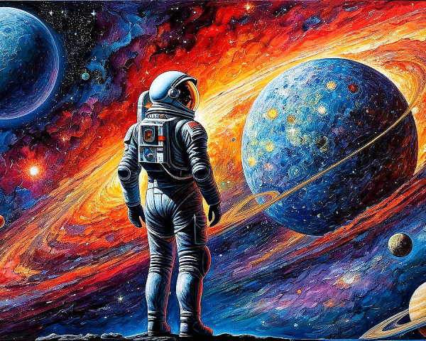 Astronaut on Rocky Surface Amidst Cosmic Background