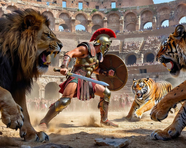 Hyper-realistic digital painting of a gladiator and animals