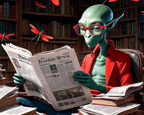 Cozy library scene with green-skinned alien reading
