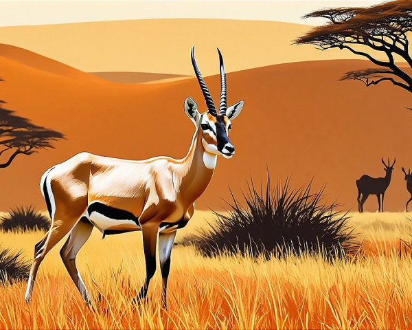 Stylized Antelope in Golden Savanna Landscape