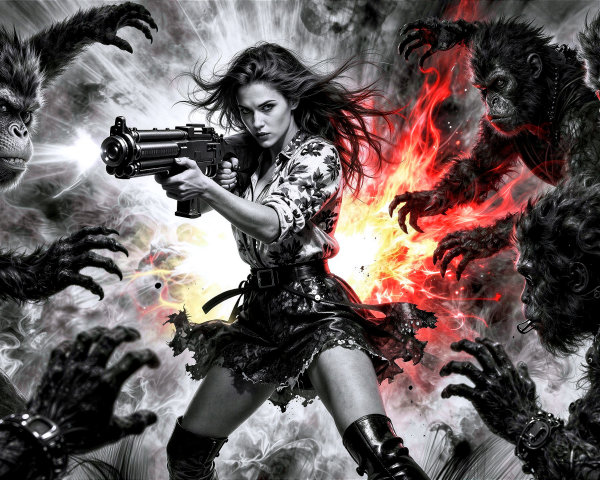 Confident Woman with Assault Rifle Surrounded by Chimpanzees