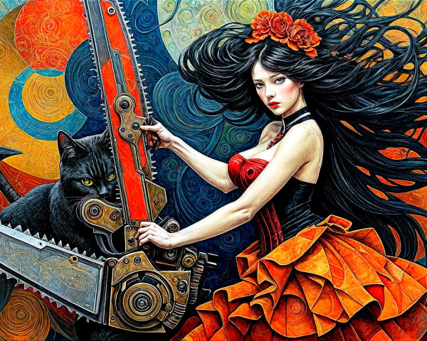 Fierce Woman with Chainsaw and Black Cat Illustration