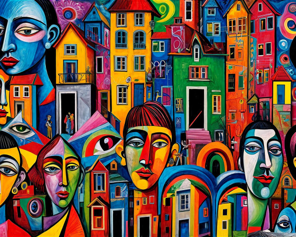 Vibrant Cityscape with Colorful Houses and Figures