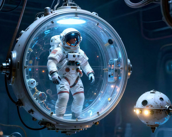 Futuristic Scene of Astronaut in Glass Chamber