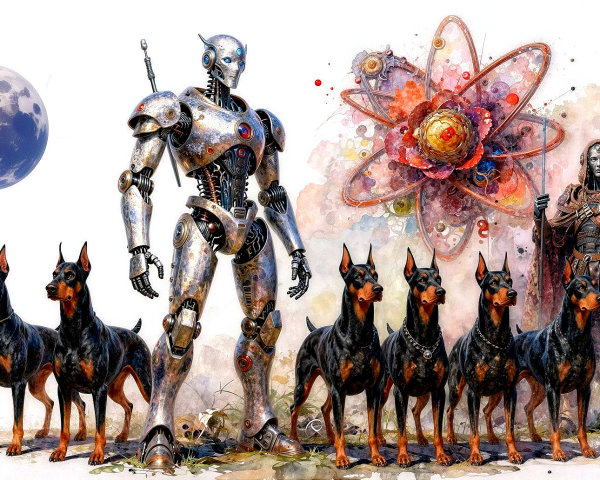 Futuristic Robot with Doberman Pinschers and Cyborg Figure