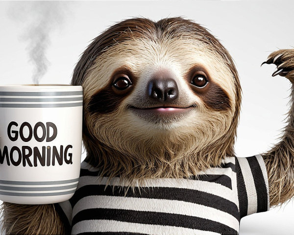 Cartoon Sloth with Coffee Mug and Cheerful Expression