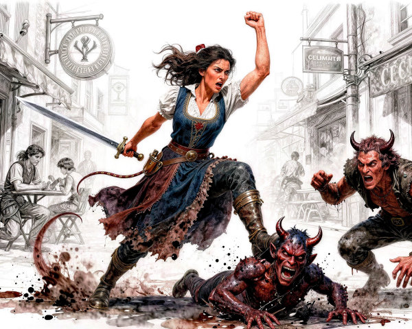 Fierce Woman Confronts Red Devil in Detailed Illustration