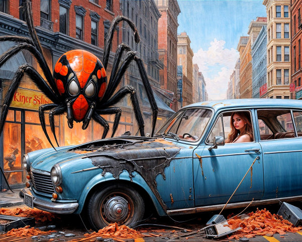 Vintage Blue Car Amid Urban Chaos and Fire