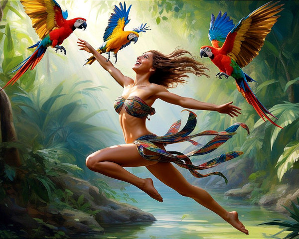 Joyful Woman in Tropical Jungle with Colorful Parrots