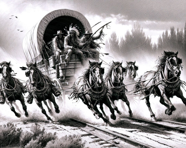 Black-and-white illustration of a covered wagon scene