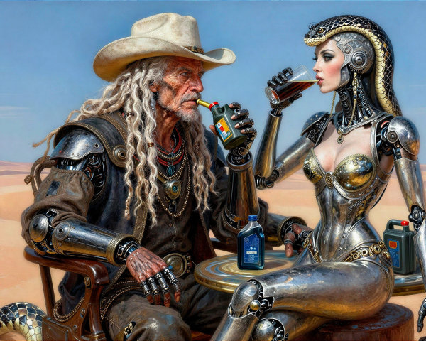 Surreal Desert Scene with Steampunk Cowboy and Cyborg