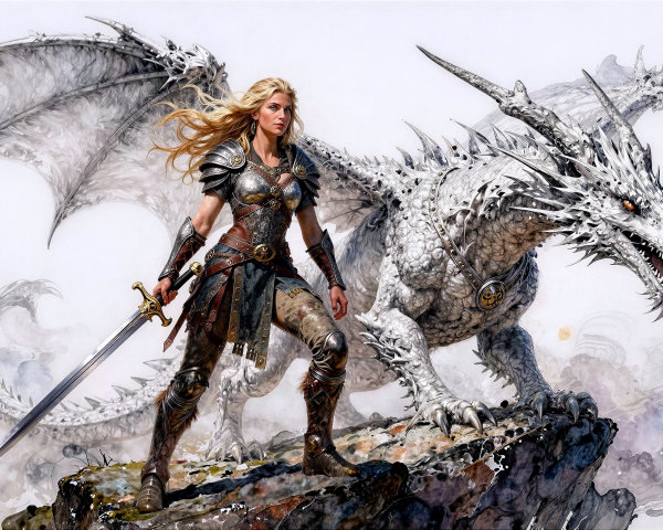 Female Warrior and White Dragon on Rocky Outcrop