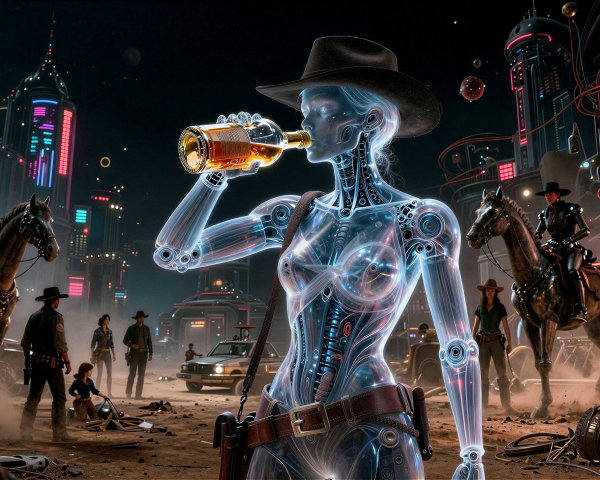 Translucent Robotic Cowgirl in Cyberpunk Cityscape